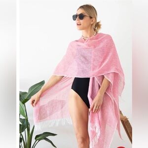 Mer-Sea Linen Pink Fringed Luxury Versatile Beach Wrap Poncho Sarong Scarf Cover